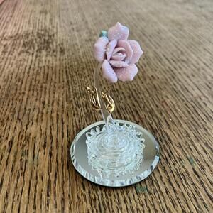 Glass Baron Crystal Pink Stem Rose 22k Gold Plated Leaves Mirror Base P1444GK 3"